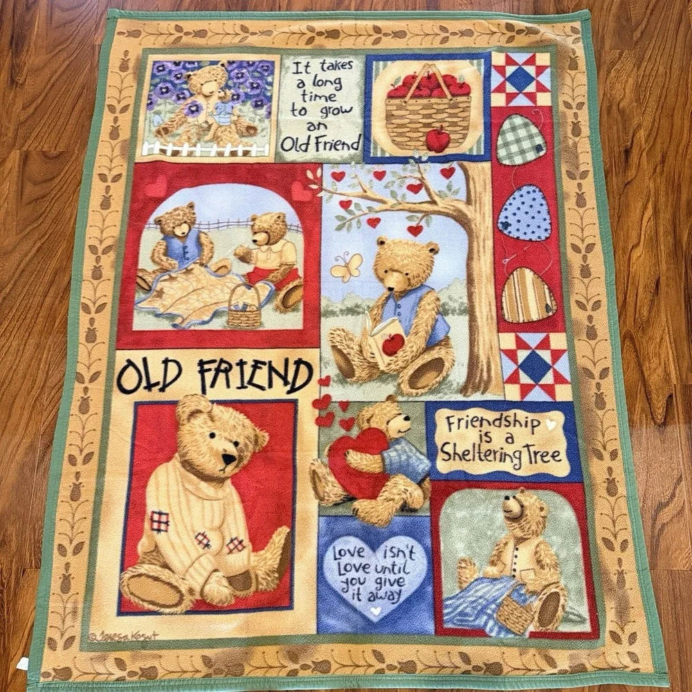 Vintage Teresa Kogut Old Friend Teddy Bear Throw Blanket‎ Cottagecore 47x61
